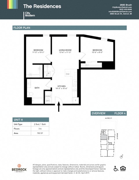 Floor plan for 2 beds, 1 bath, 783 sqft